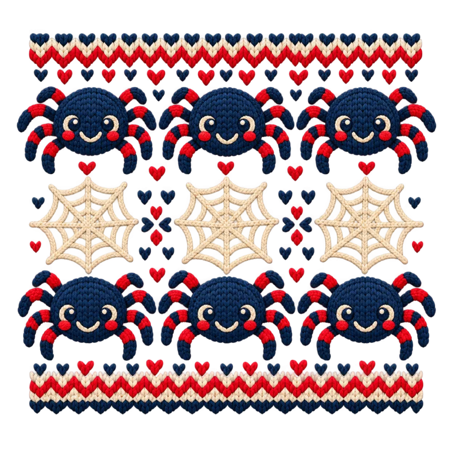 Close-up of faux-knit smiling spiders and webs in cream and red
