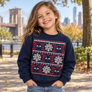 Child in Mini Web Knit sweatshirt building a snowman in a snowy yard