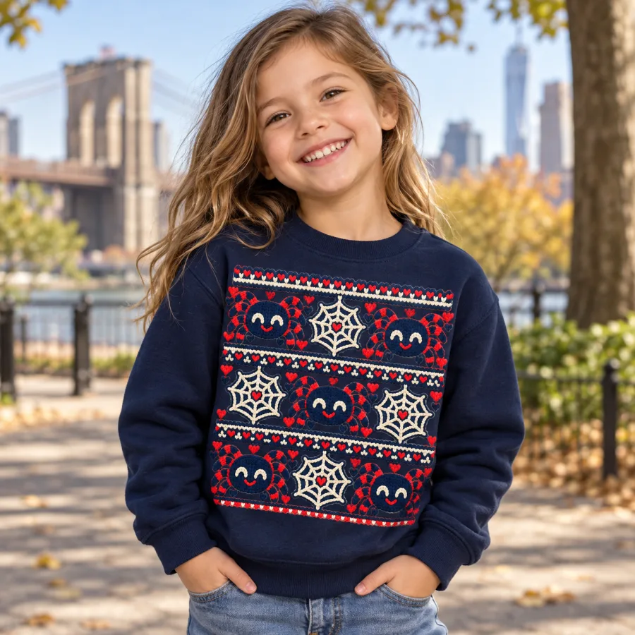 Child in Mini Web Knit sweatshirt building a snowman in a snowy yard