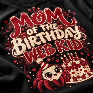 Close-up of Mom Of The Web Kid spider birthday mom shirt print showing cotton texture and detailed burgundy and cream artwork