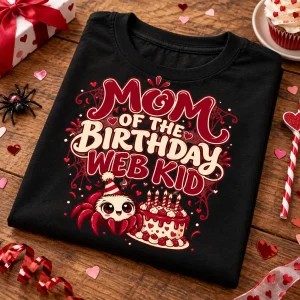 Folded Black Mom Of The Web Kid spider birthday mom shirt showing the burgundy and cream front print