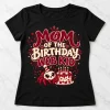 Front flat lay of Black Women's Mom Of The Web Kid spider birthday mom shirt with burgundy and cream birthday artwork