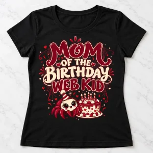 Front flat lay of Black Women's Mom Of The Web Kid spider birthday mom shirt with burgundy and cream birthday artwork