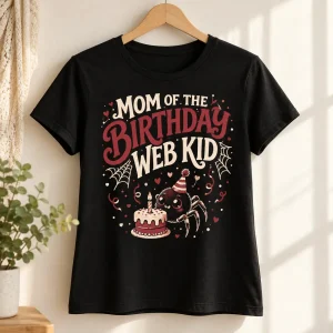 Black Women's Mom Of The Web Kid spider birthday mom shirt displayed on a natural wooden hanger