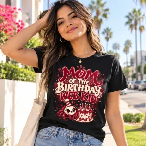 Woman wearing Mom Of The Web Kid spider birthday mom shirt outdoors with the spider, cake, confetti and web design visible