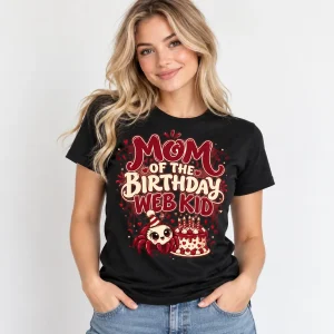 Woman wearing Black Mom Of The Web Kid spider birthday mom shirt with spider and birthday cake graphic