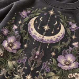 Close-up of crescent moon, hanging spider and lavender wildflowers