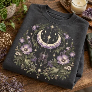 Folded charcoal Moon Garden Crew sweatshirt showing the moon and flowers