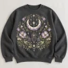 Front flat lay of charcoal Moon Garden Crew celestial spider sweatshirt