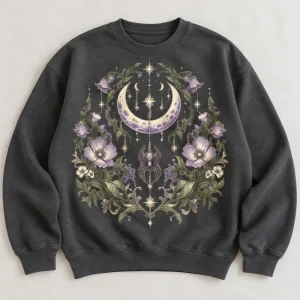 Front flat lay of charcoal Moon Garden Crew celestial spider sweatshirt