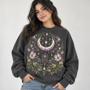 Woman wearing charcoal Moon Garden Crew sweatshirt with a floral skirt