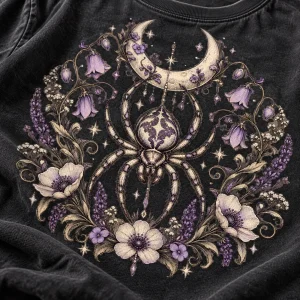 Close-up of Moon Garden Spider print showing spider, crescent moon, wildflowers and fabric texture