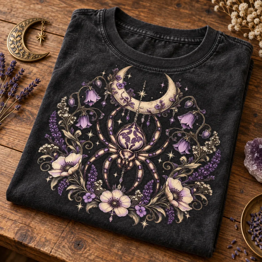 Folded washed black Moon Garden Spider boho spider shirt with botanical artwork visible