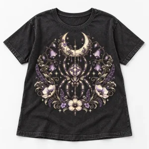Moon Garden Spider boho spider shirt front flat lay on washed black women's relaxed tee