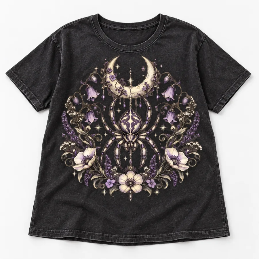 Moon Garden Spider boho spider shirt front flat lay on washed black women's relaxed tee