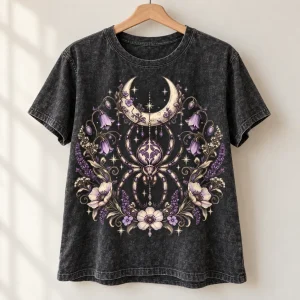 Moon Garden Spider women's relaxed tee on wooden hanger showing crescent moon and spider print