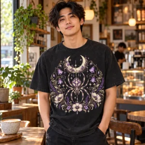 Lifestyle photo of Moon Garden Spider washed black boho spider shirt worn in a cozy coffee shop