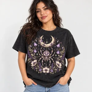 Woman wearing Moon Garden Spider washed black boho spider shirt with cream and lavender artwork