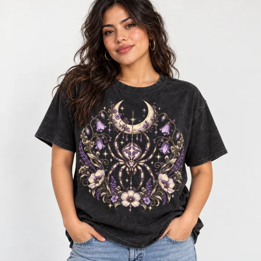 Woman wearing Moon Garden Spider washed black boho spider shirt with cream and lavender artwork