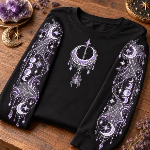 Folded black Moon Web Arms celestial spider long sleeve shirt showing crescent moon chest graphic and celestial sleeve artwork
