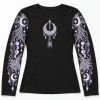 Front flat lay of black women's Moon Web Arms celestial spider long sleeve shirt with crescent moon chest art and printed sleeves