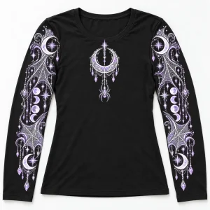 Front flat lay of black women's Moon Web Arms celestial spider long sleeve shirt with crescent moon chest art and printed sleeves