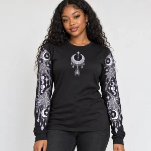 Woman wearing black Moon Web Arms celestial spider long sleeve shirt with white and lavender moon and web artwork