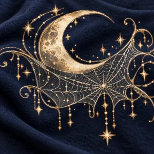 Close-up of Moonlit Web crescent moon, spider web and star print on midnight blue cotton