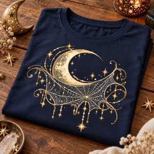 Folded midnight blue Moonlit Web moon spider web shirt showing the front print