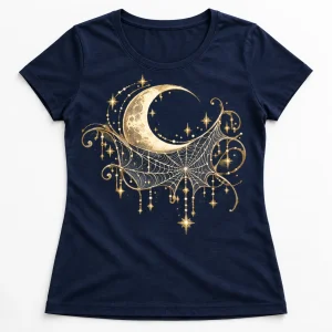 Front flat lay of midnight blue women's Moonlit Web moon spider web shirt