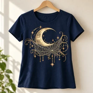 Midnight blue Moonlit Web women's tee displayed on a natural wooden hanger