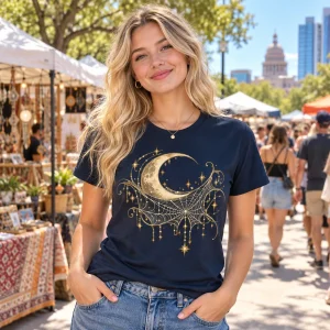 Blonde woman wearing Moonlit Web moon spider web shirt at an Austin street market