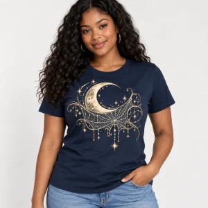 Woman wearing midnight blue Moonlit Web moon spider web shirt from the front