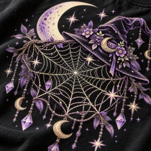Close-up of Moonlit Witch Web print showing intricate spider web, witch hat, crescent moon, stars and lavender charm details