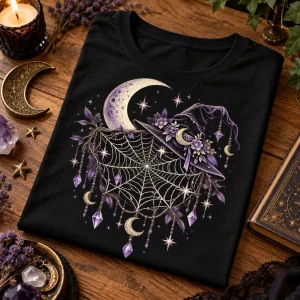 Folded black Moonlit Witch Web witch spider web shirt displaying cream and lavender celestial artwork on a wooden table