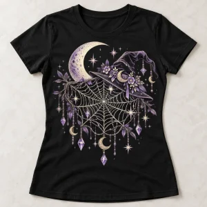 Front flat lay of black women's fitted Moonlit Witch Web shirt with cream and lavender witch hat, crescent moon and spider web artwork