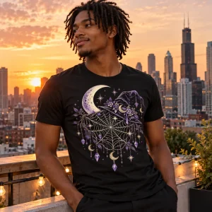 Lifestyle view of Moonlit Witch Web witch spider web shirt showing the detailed cream and lavender celestial graphic