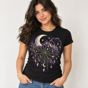 Woman wearing black Moonlit Witch Web witch spider web shirt with celestial cream and lavender front graphic