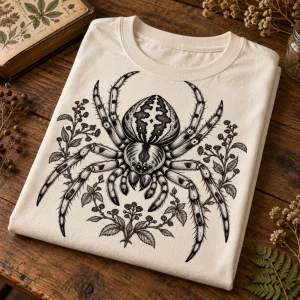 Close-up of Naturalist Spider tee showing cotton texture, fine black stippling and detailed spider specimen print