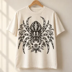 Folded Naturalist Spider spider graphic tee on a wooden table showing the black scientific-style spider specimen print