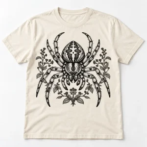 Front flat lay of Naturalist Spider spider graphic tee in Natural heavyweight cotton with detailed black spider and botanical print