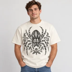 Naturalist Spider spider graphic tee hanging on a wooden hanger with detailed black spider and botanical artwork visible