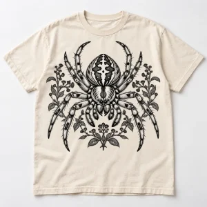 White male model wearing Naturalist Spider spider graphic tee in Natural heavyweight cotton with large black specimen illustration