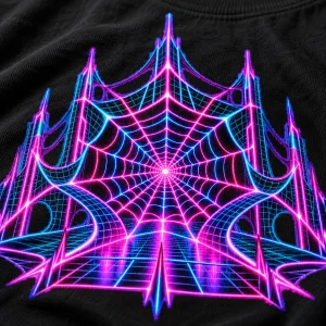 Close-up of Neon Web Grid print showing detailed neon-style web lines on black cotton fabric