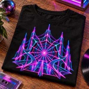 Folded black Neon Web Grid neon spider web shirt showing electric pink cyan and violet print
