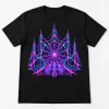Front flat lay of black Neon Web Grid neon spider web shirt with electric pink cyan and violet chest graphic