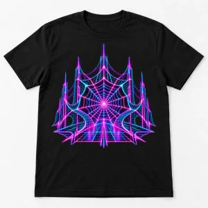 Front flat lay of black Neon Web Grid neon spider web shirt with electric pink cyan and violet chest graphic