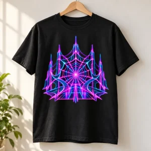 Black Neon Web Grid neon spider web shirt displayed on a wooden hanger