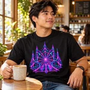 Lifestyle photo of model wearing Neon Web Grid neon spider web shirt in a cozy coffee shop