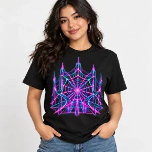 Model wearing black Neon Web Grid neon spider web shirt with futuristic synthwave web print
